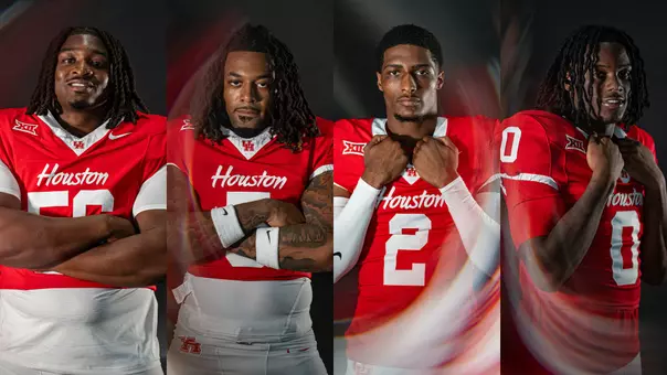 Collage of Shadre Hurst, Will James, Jalen Mayo and Amare Thomas on black backdrop in red jersey
