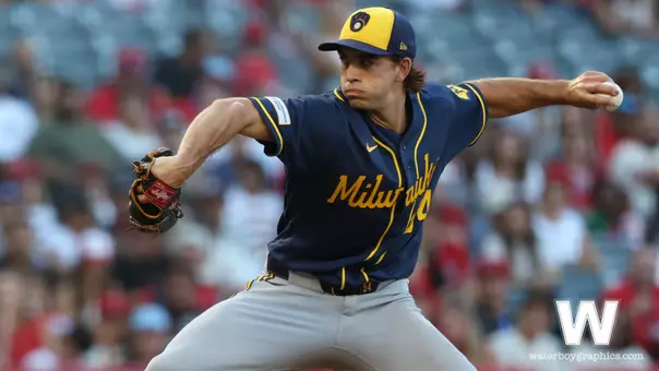 Aug 1, 2026; Anaheim, California, USA; Milwaukee Brewers pitcher Robert Gasser (54) pitches during the first inning against the Los Angeles Angels at Angel Stadium. Mandatory Credit: Kiyoshi Mio-Imagn Images