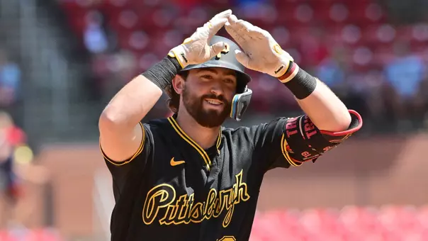 Aug 30, 2026; St. Louis, Missouri, USA; Pittsburgh Pirates shortstop Jared Triolo (19) celebrates his fifth inning solo home run against the St. Louis Cardinals as he rounds second base at Busch Stadium. Mandatory Credit: Tim Vizer-Imagn Images