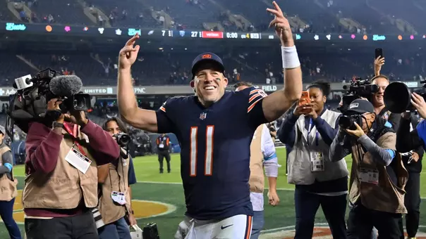 Sep 28, 2026; Chicago, Illinois, USA; Chicago Bears quarterback Case Keenum (11) celebrates after the game against the Philadelphia Eagles at Soldier Field. Mandatory Credit: Patrick Gorski-Imagn Images