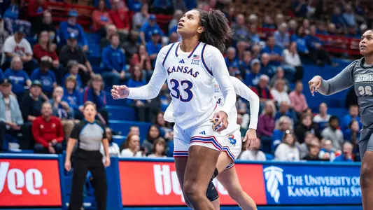 Lawrence, KS - November 6, 2024 - center Nadira Eltayeb #33 of the Kansas Jayhawks during the game against Lindenwood in  Lawrence, KS. Photo by Anaya Boseman/Kansas Athletics