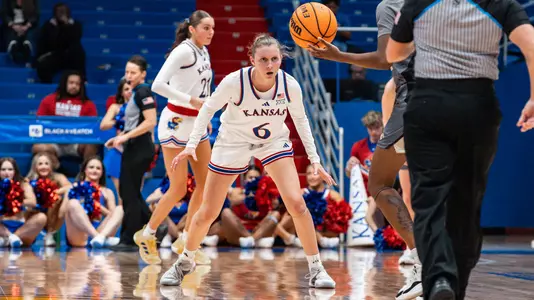 Lawrence, KS - November 6, 2024 - guard Laia Conesa #6 of the Kansas Jayhawks during the game against Lindenwood in  Lawrence, KS. Photo by Anaya Boseman/Kansas Athletics