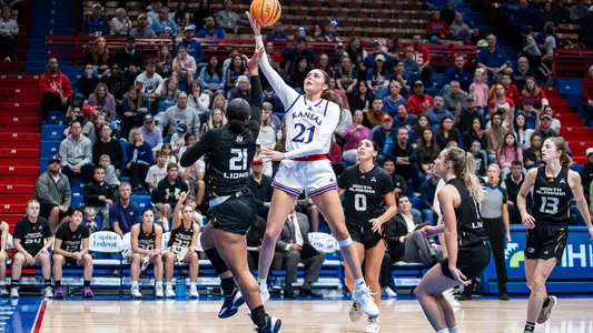 Lawrence, KS - November 17, 2024 - the Kansas Jayhawks women’s basketball team during a game between Kansas and N. Alabama at Allen Fieldhouse in Lawrence, KS. Photo by Kansas Athletics