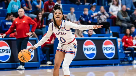 Lawrence, KS - November 17, 2024 - guard Wyvette Mayberry #0 of the Kansas Jayhawks during a game between Kansas and N. Alabama at Allen Fieldhouse in Lawrence, KS. Photo by Sydney Allan/Kansas Athletics