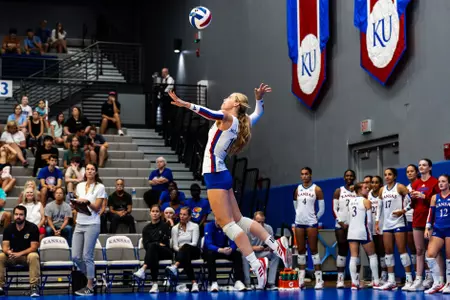 Lawrence, KS - August 24, 2024 - libero/defensive specialist Molly McCarthy #19 of the Kansas Jayhawks during the game between the Kansas Jayhawks and Drake Bulldogs in Lawrence, KS. Photo by Emily Stenzel/Kansas Athletics