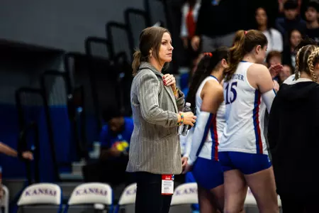 Lawrence, KS - October 23, 2024 - Director of Operations Maggie Bowen of the Kansas Jayhawks during the game between the Kansas Jayhawks and Iowa State Cardinals at Horejsi Family Volleyball Arena in Lawrence, KS. Photo by Emily Stenzel/Kansas Athletics