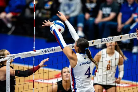 Lawrence, KS - October 23, 2024 - outside hitter Rhian Swanson #4 of the Kansas Jayhawks during the game between the Kansas Jayhawks and Iowa State Cardinals at Horejsi Family Volleyball Arena in Lawrence, KS. Photo by Emily Stenzel/Kansas Athletics