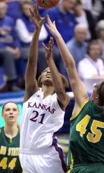 Aishah Sutherland's Third Consecutive Double-Double Leads Kansas Over North Dakota State, 61-53 Image