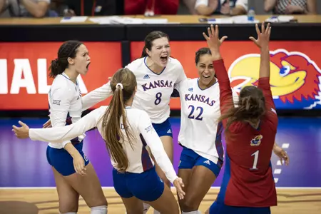 LAWRENCE, KS - August 19, 2022 - during an exhibition match between the Kansas Jayhawks and the Drake Bulldogs at Horejsi Family Volleyball Arena in Lawrence, KS. Photo by Kansas Athletics