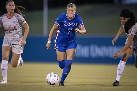 LAWRENCE, KS - August 18, 2022 - during a game between the Kansas Jayhawks and the Ohio State Buckeyes at Rock Chalk Park in Lawrence, KS. Photo by Aiden Droge/Kansas Athletics