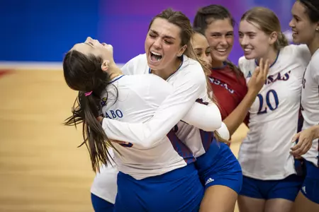 LAWRENCE, KS - August 19, 2022 - during an exhibition match between the Kansas Jayhawks and the Drake Bulldogs at Horejsi Family Volleyball Arena in Lawrence, KS. Photo by Kansas Athletics