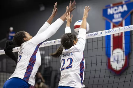 LAWRENCE, KS - August 19, 2022 - during an exhibition match between the Kansas Jayhawks and the Drake Bulldogs at Horejsi Family Volleyball Arena in Lawrence, KS. Photo by Kansas Athletics