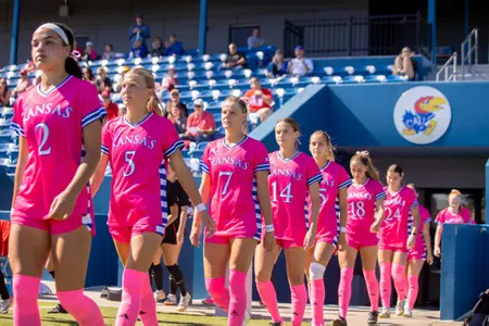 Lawrence, KS - October 8, 2023 - the Kansas Jayhawks women's soccer team during game vs Houston at Rock Chalk Park in Lawrence, KS. Photo by Bailey Thompson/Kansas Athletics