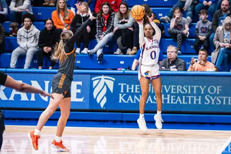 LAWRENCE, KS - January 13, 2024 - wbb during the game between the Kansas Jayhawks and the Oklahoma State Cowgirls. Photo by Angilo Allen/Kansas Athletics