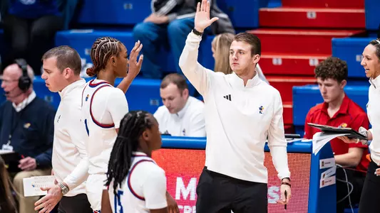 LAWRENCE, KS - November 30, 2023 - Assistant Coach Patrick Schrater of the Kansas Jayhawks during the game between Kansas and Southeastern Lousiana at Allen Fieldhouse in Lawrence, KS. Photo by Missy Minear/Kansas Athletics