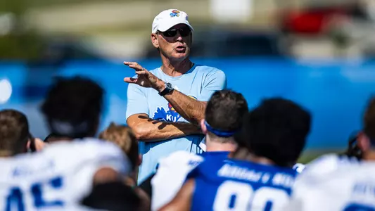Lawrence, KS  - July 30, 2024 - Head Coach Lance Leipold of the Kansas Jayhawks during fall camp at  in Lawrence, KS. Photo by Aiden Droge/Kansas Athletics