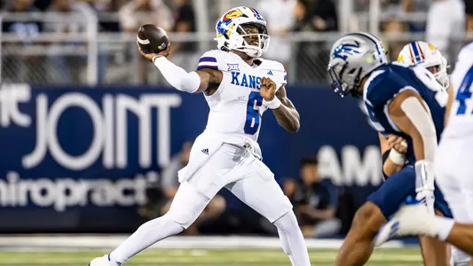 RENO, NV - September 16, 2023 - quarterback Jalon Daniels #6 of the Kansas Jayhawks during the game between Kansas and Nevada at Mackay Stadium in Reno, NV. Photo by Missy Minear/Kansas Athletics