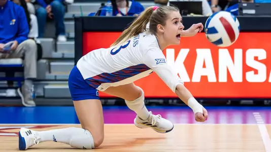 LAWRENCE, KS - November 15, 2023 - libero/defensive specialist Raegan Burns #3 of the Kansas Jayhawks during the match between Baylor and the Kansas Jayhawks in Lawrence, KS. Photo by Elicia Castillo/Kansas Athletics