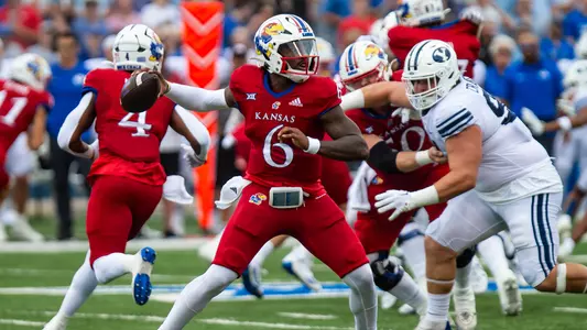 LAWRENCE, KS - September 23, 2023 - quarterback Jalon Daniels #6 of the Kansas Jayhawks during the game between Kansas and BYU at David Booth Kansas Memorial Stadium in Lawrence, KS. Photo by Kathryn Vizcarra/Kansas Athletics