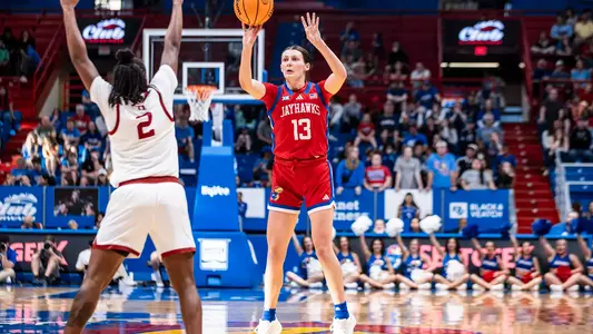 Lawrence, KS - March 2, 2024 - guard Holly Kersgieter #13 of the Kansas Jayhawks during Game between Kansas and Oklahoma at Allen Fieldhouse in Lawrence, KS. Photo by Emma Crouch/Kansas Athletics