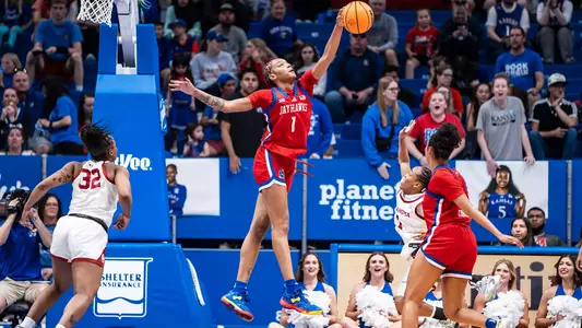 Lawrence, KS - March 2, 2024 - center Taiyanna Jackson #1 of the Kansas Jayhawks during Game between Kansas and Oklahoma at Allen Fieldhouse in Lawrence, KS. Photo by Emma Crouch/Kansas Athletics