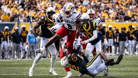 Morgantown, West Virginia - September 21, 2024 - during a game between the Kansas Jayhawks and the West Virginia Mountaineers at Milan Puskar Stadium in Morgantown, West Virginia. Photo by Kansas Athletics