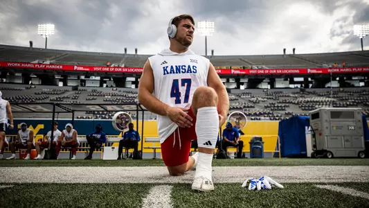 MORGANTOWN, WV - September 21, 2024 - tight end Jared Casey #47 of the Kansas Jayhawks during the game between Kansas and West Virginia at Milan Puskar Stadium in Morgantown, WV. Photo by Missy Minear/Kansas Athletics