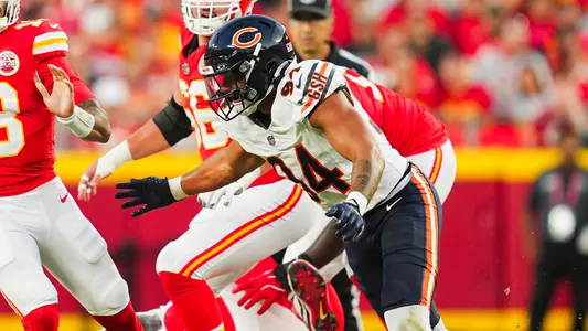 Aug 22, 2024; Kansas City, Missouri, USA; Kansas City Chiefs quarterback Chris Oladokun (13) throws a pass against Chicago Bears defensive tackle Michael Dwumfour (78) and defensive lineman Austin Booker (94) during the first half at GEHA Field at Arrowhead Stadium. Mandatory Credit: Jay Biggerstaff-USA TODAY Sports