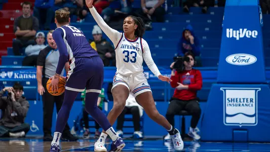LAWRENCE, KS - January 8th, 2025 - center Nadira Eltayeb #33 of the Kansas Jayhawks during the Kansas Basketball game vs TCU at Allen Fieldhouse. Photo by Jordan Reyes / Kansas Athletics