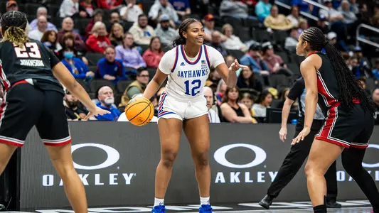 KANSAS CITY, MO - March 5, 2025 - guard S’Mya Nichols #12 of the Kansas Jayhawks during a game vs Texas Tech at the Big 12 Tournament in Kansas City, MO. Photo by Emma Crouch/Kansas Athletics