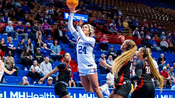 LAWRENCE, KS - November 5, 2025 - The Kansas Jayhawks women’s basketball team during the game against Kansas City in Lawrence, KS. Photo by Jordyn Pennington/Kansas Athletics