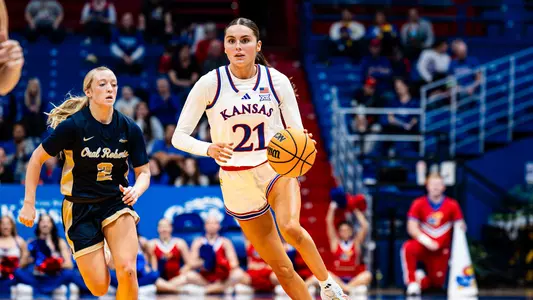 Lawrence, KS - November 23 2025 - Elle Evans #21 during the game between Kansas and Oral Roberts. Photo by Arun Halder/Kansas Athletics