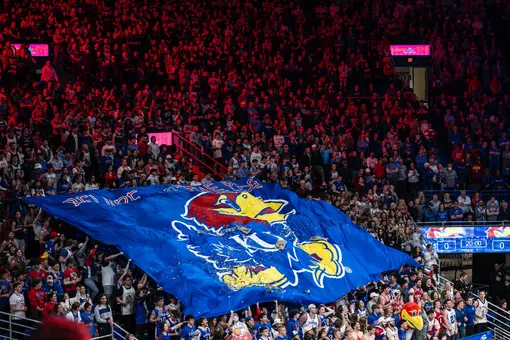 Lawrence, Kansas - February 3, 2025 - Men’s Basketball team during a game against Iowa State at Allen Fieldhouse in Lawrence, KS. Photo by /Kansas Athletics