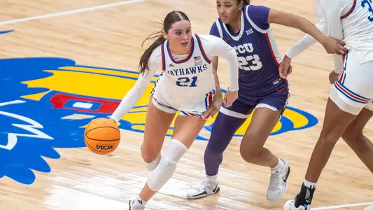 LAWRENCE, KS - January 8th, 2025 - guard Elle Evans #21 of the Kansas Jayhawks during the Kansas Basketball game vs TCU at Allen Fieldhouse. Photo by Jordan Reyes / Kansas Athletics
