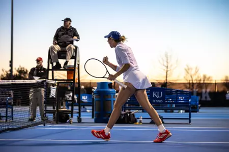 Lawrence, KS - March 21, 2025 - during a match between Kansas and TCU at Jayhawk Tennis Center in Lawrence, KS. Photo by Sydney Allan/Kansas Athletics