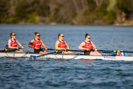 Lawrence, Kansas - April 12, 2025 - Womens Rowing during the Regatta between Kansas and Minnesota AT Wyandotte County Lake in Kansas City, KS. Photo by Arun Halder/Kansas Athletics