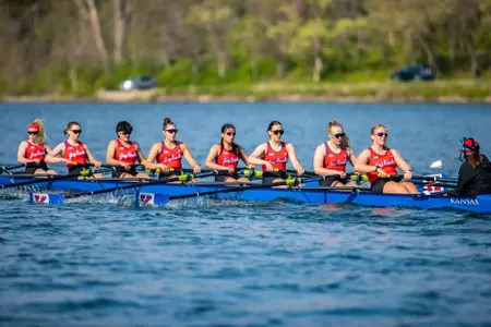 Lawrence, Kansas - April 12, 2025 - Womens Rowing during the Regatta between Kansas and Minnesota AT Wyandotte County Lake in Kansas City, KS. Photo by Arun Halder/Kansas Athletics