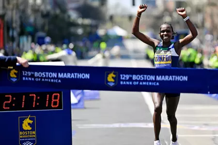 Apr 21, 2025; Boston, MA, USA; Sharon Lokedi (KEN) crosses the finish line to win the 2025 Boston Marathon. Mandatory Credit: Eric Canha-Imagn Images