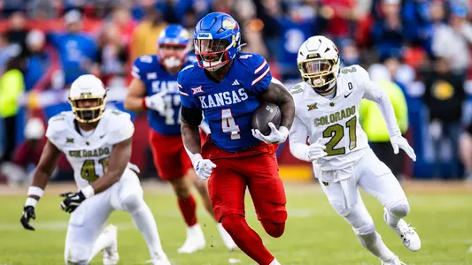 Kansas City, MO - November 23, 2024 - running back Devin Neal #4 of the Kansas Jayhawks during the game between Kansas and Colorado at Arrowhead Stadium in Kansas City, MO. Photo by Missy Minear/Kansas Athletics