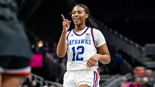 KANSAS CITY, MO - March 5, 2025 - guard S’Mya Nichols #12 of the Kansas Jayhawks during a game vs Texas Tech at the Big 12 Tournament in Kansas City, MO. Photo by Emma Crouch/Kansas Athletics