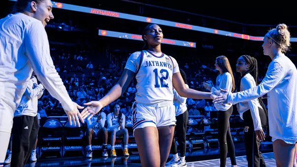 KANSAS CITY, MO - March 5, 2025 - guard S’Mya Nichols #12 of the Kansas Jayhawks during a game vs Texas Tech at the Big 12 Tournament in Kansas City, MO. Photo by Emma Crouch/Kansas Athletics
