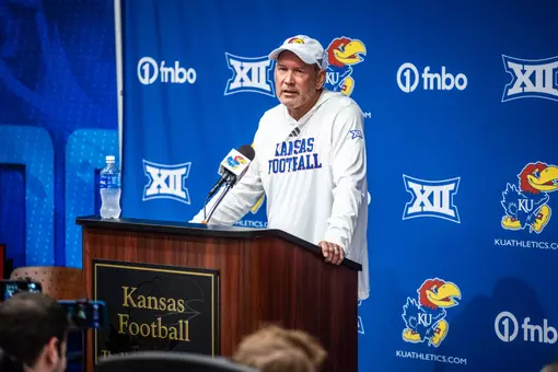 Lawrence, KS - August 13, 2025 - Head Coach Lance Leipold of the Kansas Jayhawks at Kansas Football Fall Camp Media Day at the Anderson Family Football Complex in Lawrence, KS. Photo by Emily Stenzel/Kansas Athletics