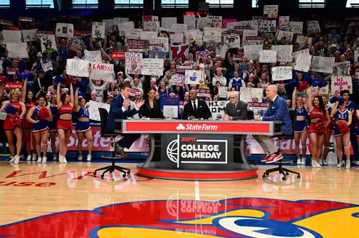 Lawrence, KS - February 10, 2024 - Allen Fieldhouse: Rece Davis, Andraya Carter, Seth Greenberg, Jay Williams, and Jay Bilas on the set of College GameDay Covered by State Farm at the University of Kansas.
(Photo by Joshua R. Gateley / ESPN Images)