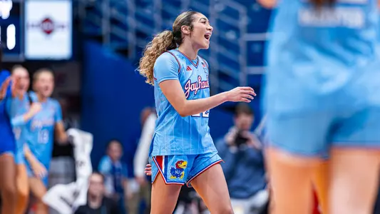 guard Sania Copeland #22 of the Kansas Jayhawks during the game between the Kansas Jayhawks and the Cincinnati Bearcats at Allen Fieldhouse in Lawrence, KS - Photo by Jordan Reyes / KU Athletics