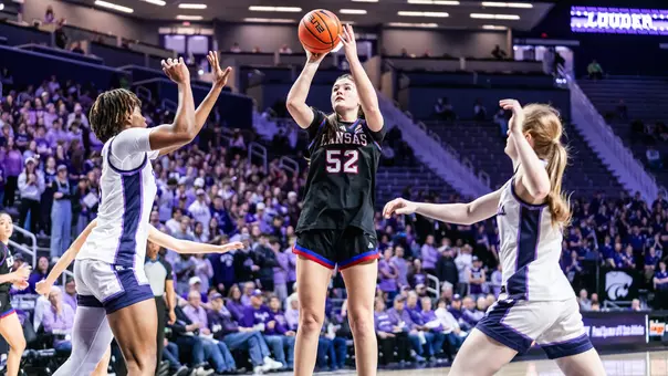Lawrence, KS - February 21, 2026 - Lilly Meister #52 during a game against Kansas State in Bramlage Coliseum in Manhattan, KS. Photo by Kansas Athletics