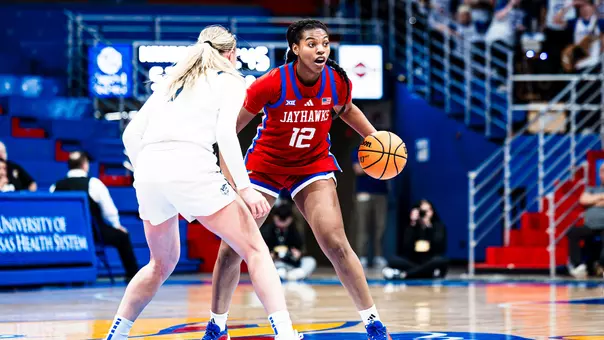 LAWRENCE, KS - February 04, 2026 - S'Mya Nichols #12 of the Kansas Jayhawks during the game between Kansas and BYU at Allen Fieldhouse in Lawrence, KS. Photo by Brayden Crest/Kansas Athletics