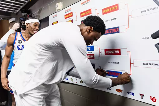 KANSAS CITY, MO - March 12, 2026 - The Kansas Jayhawks Men’s Basketball team during the game against TCU in Kansas City, MO. Photo by Aiden Droge/Kansas Athletics