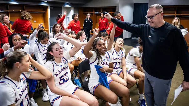 Lawrence, KS - March 4, 2026 - the Kansas Jayhawks women?s basketball team of the Kansas Jayhawks during a game against UCF at the Big12 Championship in Kansas City, KS. Photo by Bailey Thompson/Kansas Athletics