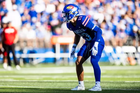 Lawrence, KS - August 23, 2025 - safety Mason Ellis #23 of the Kansas Jayhawks during the game between Kansas and Fresno State at David Booth Memorial Stadium in Lawrence, KS. Photo by/Kansas Athletics