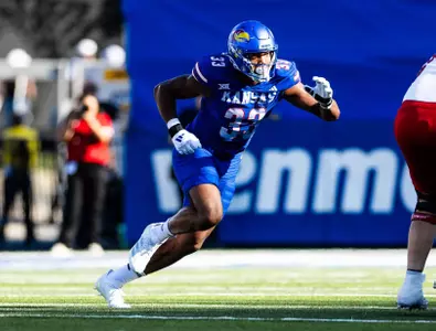 Lawrence, KS - August 23, 2025 - defensive end Leroy Harris III #33 of the Kansas Jayhawks during the game between Kansas and Fresno State at David Booth Memorial Stadium in Lawrence, KS. Photo by/Kansas Athletics